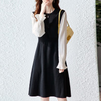 小样传奇连衣裙女2022年春秋季新款女装拼接圆领宽松长袖直筒撞色针织毛衣裙中长款裙子女潮