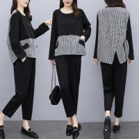 小样传奇2022春新款时尚休闲大码女装宽松显瘦遮肚两件套格子洋气套装女