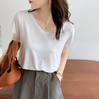 小样传奇实拍实价莫代尔短袖T恤女2022新款白色薄款v领冰丝宽松气质打底衫