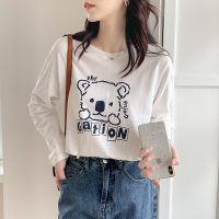 小样传奇2022年春秋长袖打底衫女纯棉圆领宽松小熊T恤百搭上衣服