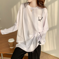 小样传奇2022春秋新款白色打底衫女洋气宽松笑脸刺绣长袖T恤上衣