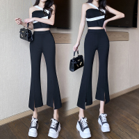 小样传奇2022夏季新款高腰显瘦黑色九分裤开叉微喇叭裤小个子女裤