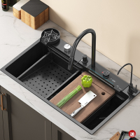厨房加厚SUS水槽飞雨瀑布洗菜盆一体洗碗池台中下大单槽