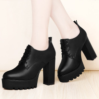 高跟鞋女粗跟2018春季2017新款韩版百搭小皮鞋防水台圆头黑色单鞋