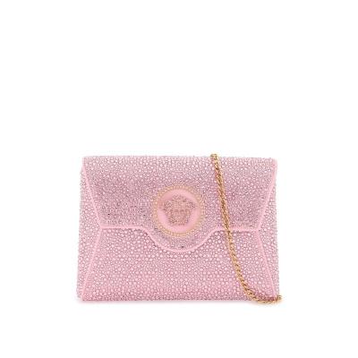 范思哲(Versace)女士百搭时尚晚宴包拉链信封款粉色缎面全饰水晶与瑞士钻美杜莎头像手拿包单肩包