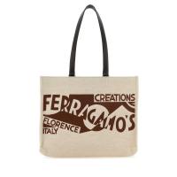 Salvatore Ferragamo女士牛津布金色五金手提帆布购物袋耐用环保大容量手提包