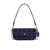 COACH女式翻盖链条单肩包牛仔布小牛皮大容量斜挎包