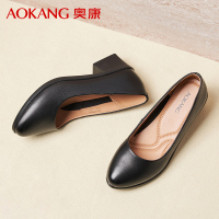 奥康女鞋2025新款夏季透气浅口粗跟职场圆头高跟鞋套脚通勤工作皮鞋