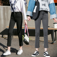 2018春款直筒牛仔裤女弹力复古纯色百搭150小个子女生毛边九分裤