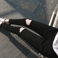 2018春季chic黑色大破洞牛仔裤女生弹力九分膝盖漏洞撕毛边小脚裤