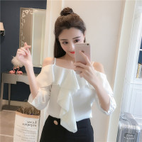 2018夏装新款韩版一字领吊带露肩短袖甜美荷叶边雪纺衫超仙上衣女