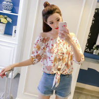 2018夏装新款韩版一字领露肩短袖甜美遮肚子碎花雪纺衫超仙上衣女