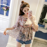 2018夏装新款韩版宽松显瘦娃娃衫短袖甜美遮肚子碎花雪纺衫上衣女