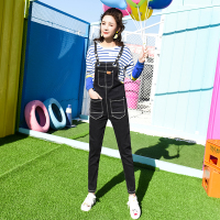 2018春装新款黑色牛仔背带裤女韩版宽松九分连体裤学生百搭小脚裤