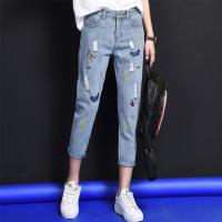 破洞牛仔裤女春新款宽松九分裤刺绣高腰显瘦哈伦裤女破洞裤韩版薄