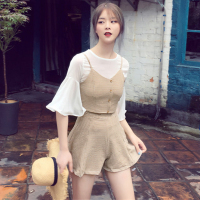2018夏装韩版喇叭袖雪纺衫＋吊带背心+阔腿短裤裙时髦时尚套装女装潮