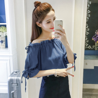 一字肩喇叭袖漏肩雪纺衫女2018韩版夏季新款学生宽松百搭夏装上衣