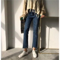 春季韩版不规则裤脚毛边高腰牛仔裤女装修身显瘦直筒裤学生九分裤