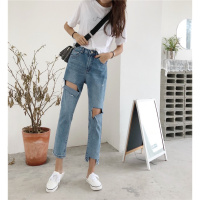 实拍 实价 大腿膝盖撕破牛仔裤韩版春装新款宽松九分哈伦裤