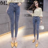 实拍高弹洗水打底女2018春秋裤脚不规则紧身气质铅笔牛仔裤6815#