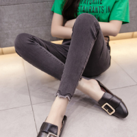 模特实拍 韩版2018春季新款烟灰色牛仔裤女小脚裤高腰九分裤