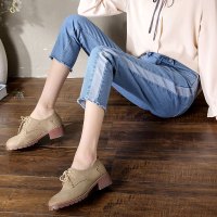 实拍高腰直筒牛仔裤女2018春秋学生百搭宽松拼色毛边九分裤