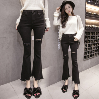 实拍春季新款黑色微喇叭长裤女不规则毛边破洞高腰牛仔裤