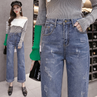 实拍2018时尚气质休闲宽松阔腿裤脚翻边九分牛仔裤百搭