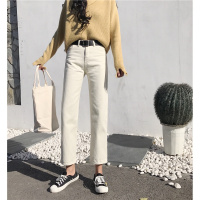 已检测~ 实拍!复古百搭乳白色微宽松九分裤休闲直筒牛仔裤女