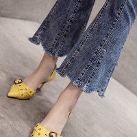 牛仔裤女九分2018春季新款韩版chic修身显瘦不规则喇叭裤