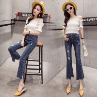 高腰牛仔裤女九分2018春新款韩版复古修身显瘦开叉喇叭裤潮