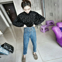 快手红人萝莉焱小纯妹同款裤子社会女牛仔裤九分裤哈伦裤学生潮