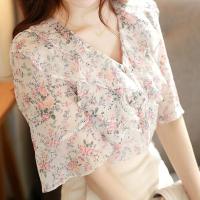 夏季新款韩版宽松印花雪纺衫女短袖喇叭袖小碎花衬衫荷叶边上衣潮