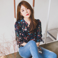 夏季新款韩版宽松立领碎花雪纺衫女短袖印花雪纺衬衫上衣大码小衫