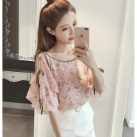 夏季新款韩版超仙露肩蝴蝶结系带上衣碎花荷叶边宽松吊带雪纺衫女