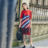 原创撞色条纹吊带裙透视拼接网纱百褶大摆裙超长款过膝休闲裙夏新