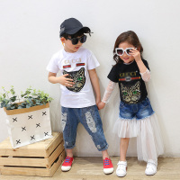 儿童短袖T恤2018夏季新款3-10岁猫头亮片T男童女童宝宝打底衫