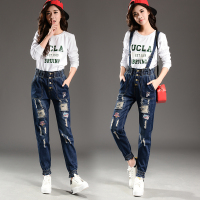 2018新款哈伦背带裤女宽松韩版可爱学生牛仔裤两穿可拆卸破洞束脚