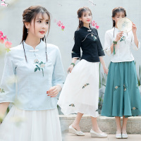春夏新款民族风棉麻七分袖上衣唐装中式立领盘扣绣花女装上衣禅服