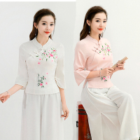 唐装七分袖立领盘扣上衣18春季新款民族风棉麻绣花复古文艺小衫女