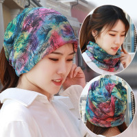 帽子女春夏韩版多功能头巾帽包头套头帽脖套帽印花堆堆帽扎马尾帽
