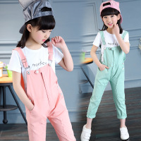6女童背带裤两件套装8夏装9中大童小女孩10纯色12运动13儿童15岁