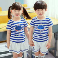 男女童运动两件套装夏季装新款小学生六一儿童条纹短袖表演服校服