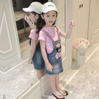 夏装新款2018女童背带牛仔裙两件套中大童卡通亮片熊休闲套裙韩版