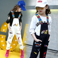 女童春季背带裤2018新款破洞印花个性长裤子中大童韩版时尚休闲裤