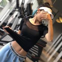 性感半身网运动上衣女健身房短袖速干跑步衫高弹力显瘦半袖紧身夏