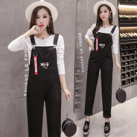 2018夏秋季新款韩版显瘦黑色刺绣背带裤女长裤学生宽松吊带连体裤