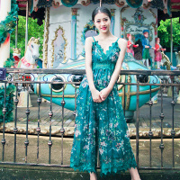 度假风澳洲丝花鸟印花吊带V领连衣裤宽松沙滩阔腿裤裙绿色