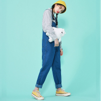 牛仔背带裤女春秋2018新款宽松韩版学院风bf休闲直筒学生吊带裤潮蓝色