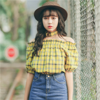 一字领上衣2018春装新款韩版chic风女装娃娃衫格子宽松显瘦衬衣女黄色均码